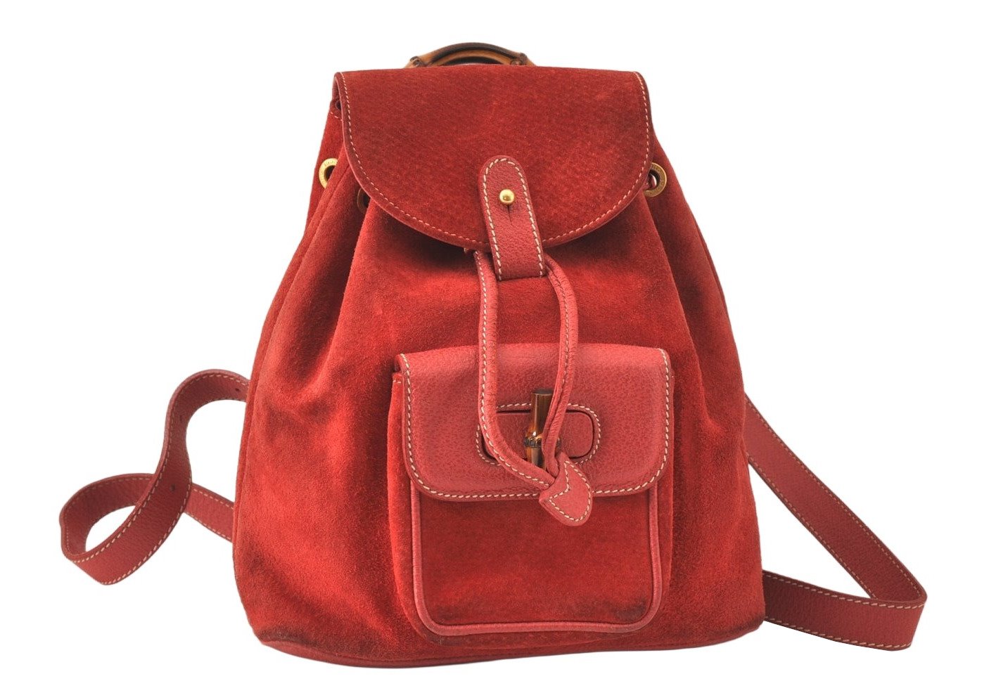 Authentic GUCCI Vintage Bamboo Drawstring Backpack Suede Leather Red 4527K