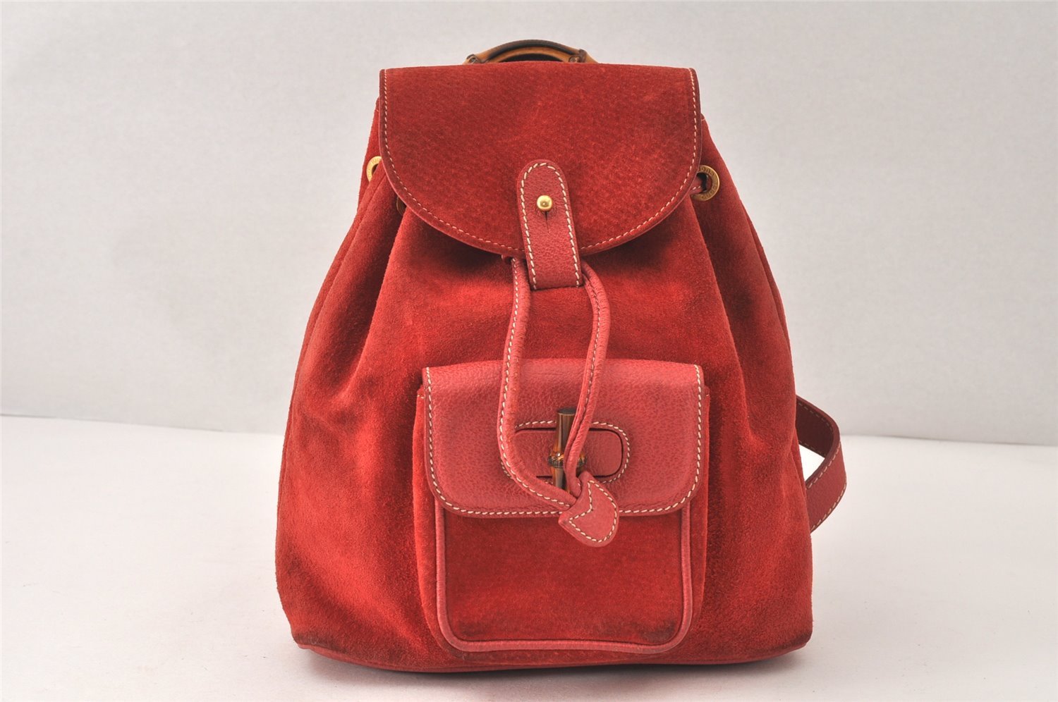 Authentic GUCCI Vintage Bamboo Drawstring Backpack Suede Leather Red 4527K