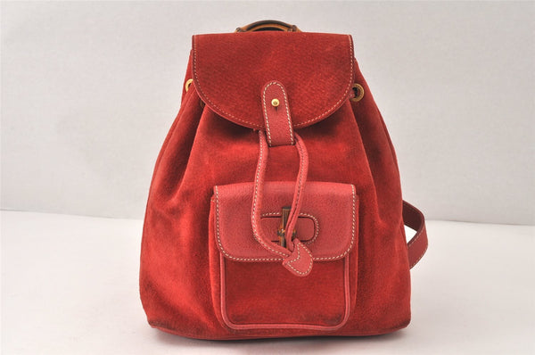 Authentic GUCCI Vintage Bamboo Drawstring Backpack Suede Leather Red 4527K