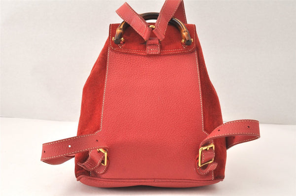 Authentic GUCCI Vintage Bamboo Drawstring Backpack Suede Leather Red 4527K