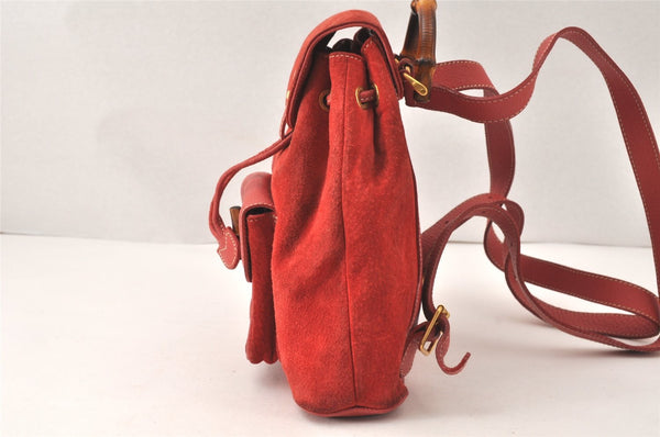 Authentic GUCCI Vintage Bamboo Drawstring Backpack Suede Leather Red 4527K