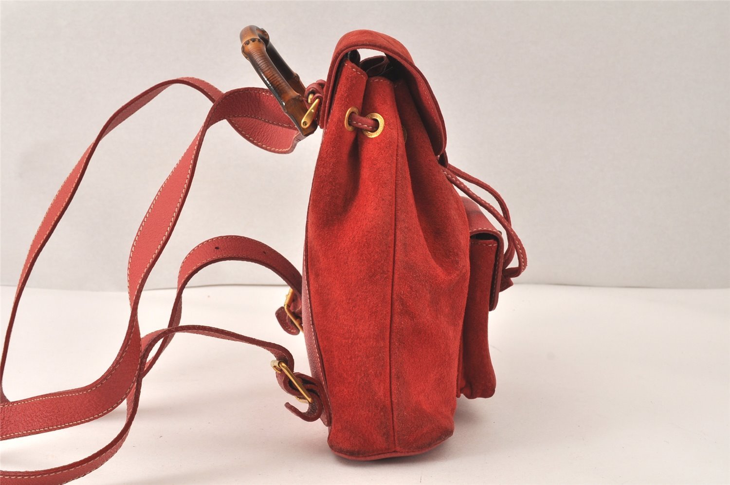 Authentic GUCCI Vintage Bamboo Drawstring Backpack Suede Leather Red 4527K