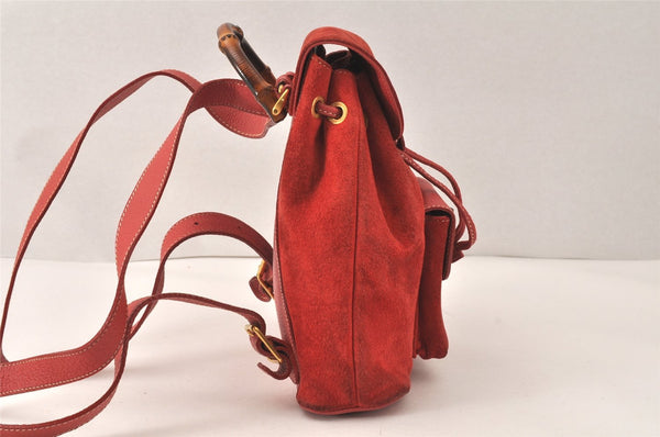 Authentic GUCCI Vintage Bamboo Drawstring Backpack Suede Leather Red 4527K