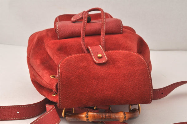 Authentic GUCCI Vintage Bamboo Drawstring Backpack Suede Leather Red 4527K