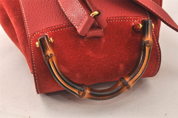 Authentic GUCCI Vintage Bamboo Drawstring Backpack Suede Leather Red 4527K