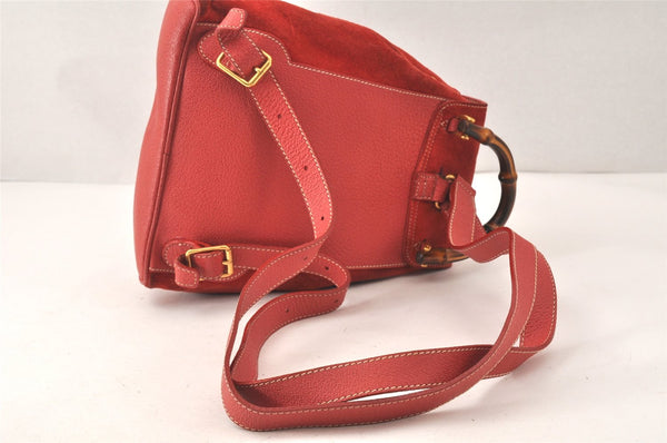 Authentic GUCCI Vintage Bamboo Drawstring Backpack Suede Leather Red 4527K
