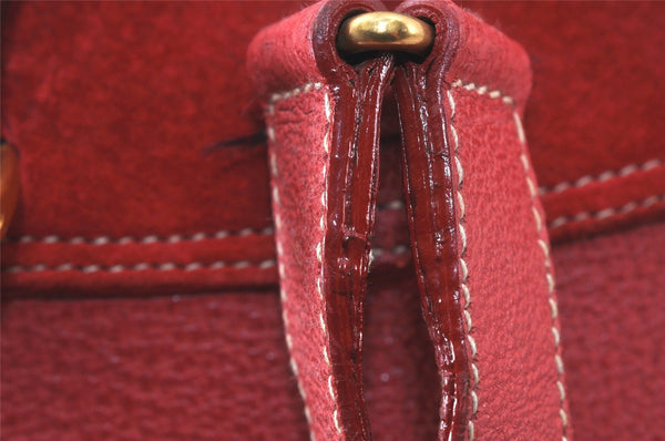 Authentic GUCCI Vintage Bamboo Drawstring Backpack Suede Leather Red 4527K