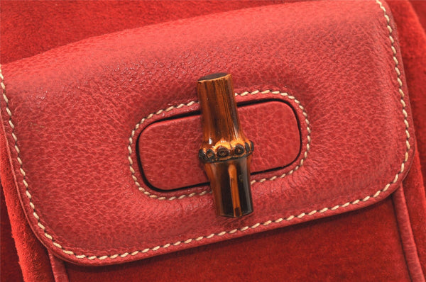 Authentic GUCCI Vintage Bamboo Drawstring Backpack Suede Leather Red 4527K