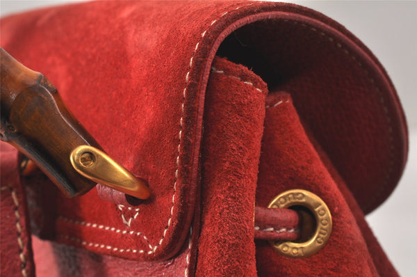 Authentic GUCCI Vintage Bamboo Drawstring Backpack Suede Leather Red 4527K