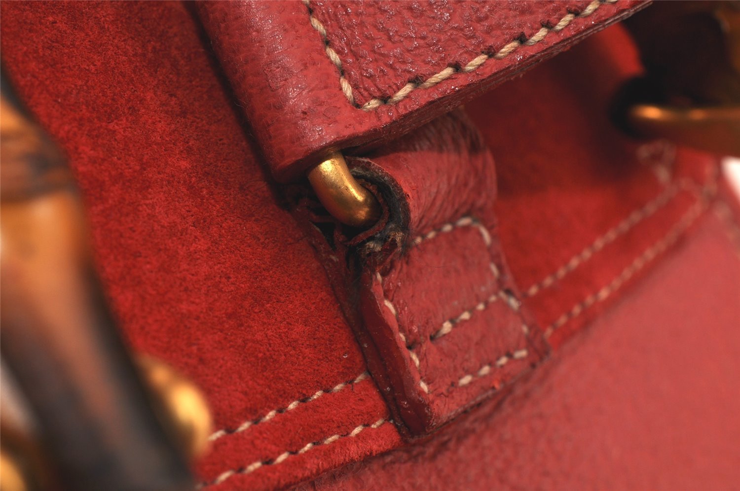 Authentic GUCCI Vintage Bamboo Drawstring Backpack Suede Leather Red 4527K