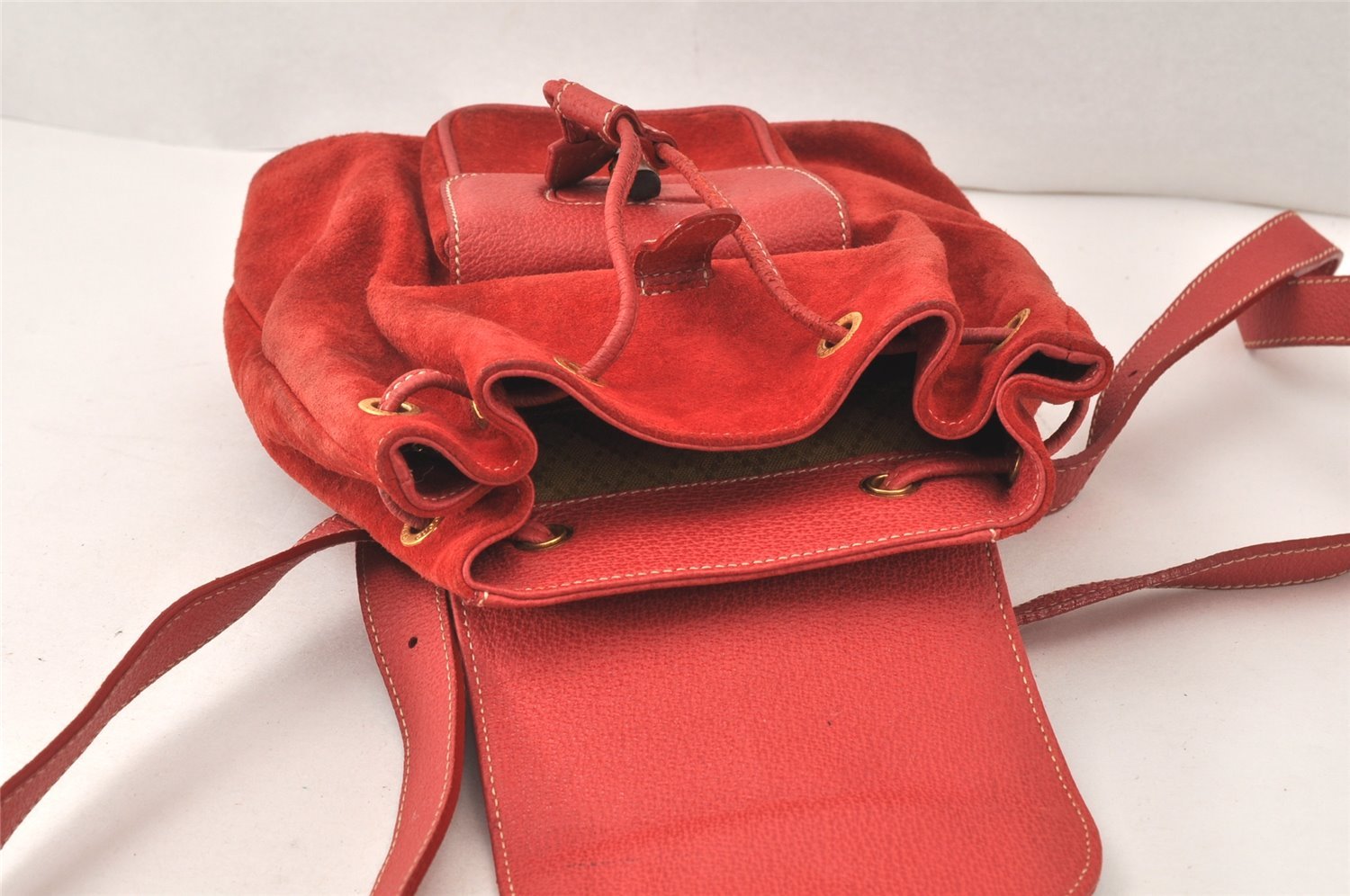 Authentic GUCCI Vintage Bamboo Drawstring Backpack Suede Leather Red 4527K