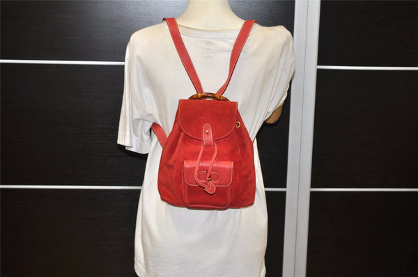 Authentic GUCCI Vintage Bamboo Drawstring Backpack Suede Leather Red 4527K