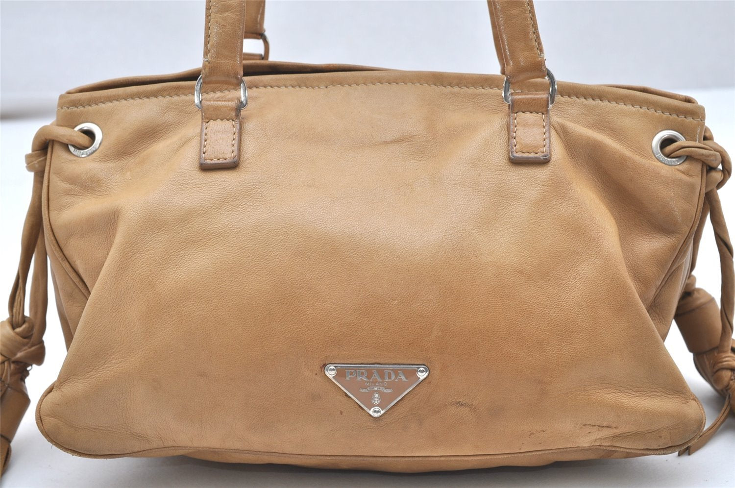 Authentic PRADA Tassel Leather Nappa Shoulder Hand Bag Purse Beige 4528K