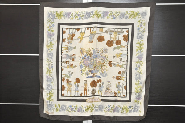 Authentic HERMES Carre 90 Scarf "Les Jardiniers du Roy" Silk Gray 4536J