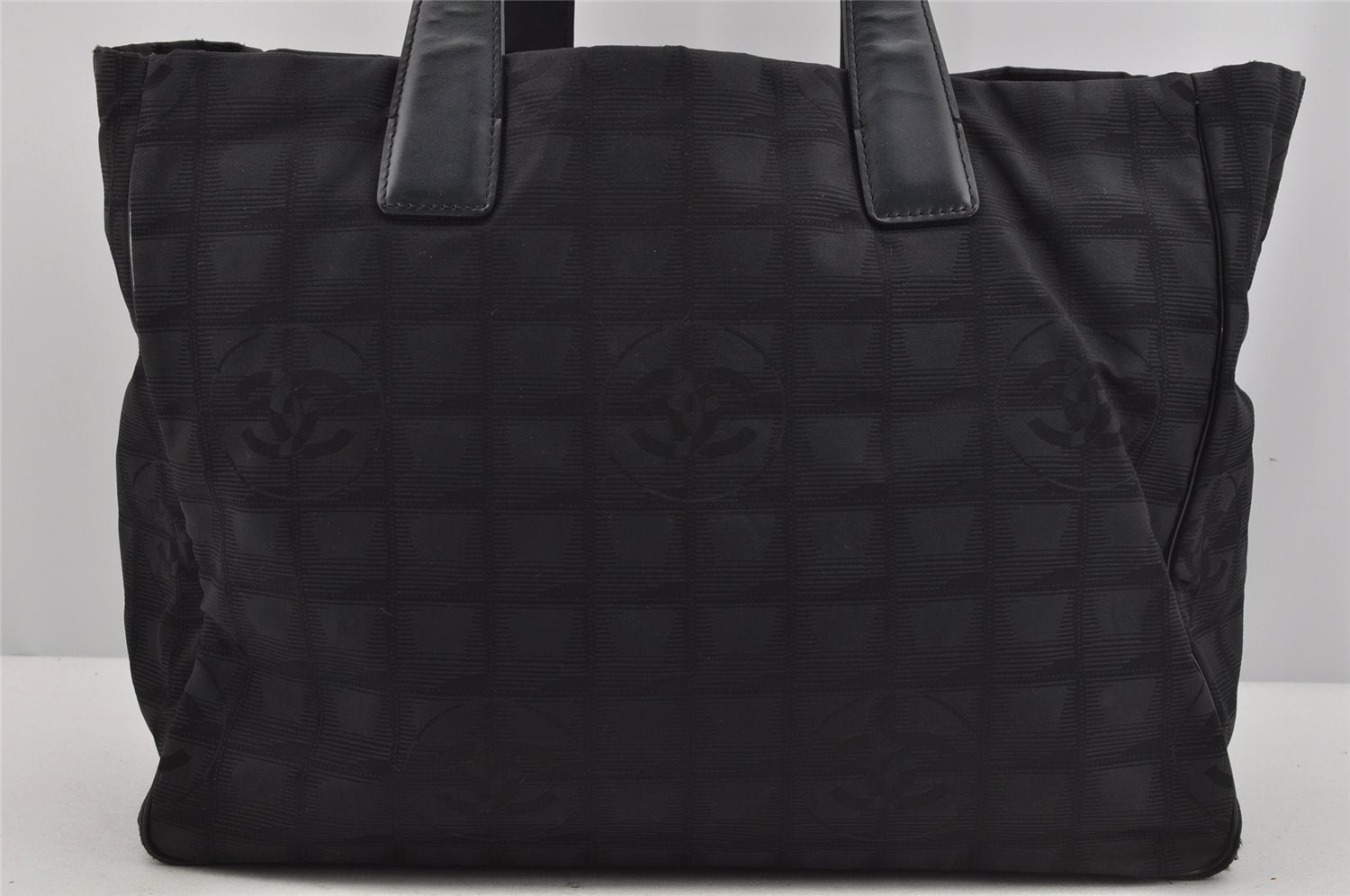 Authentic CHANEL New Travel Line Shoulder Tote Bag Nylon Leather Black 4538J