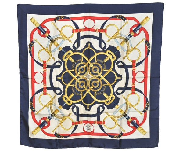 Authentic HERMES Carre 90 Scarf "Eperon d'or" Silk Navy 4544J