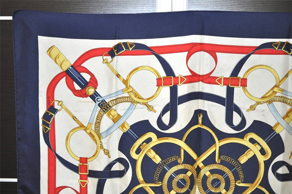 Authentic HERMES Carre 90 Scarf "Eperon d'or" Silk Navy 4544J
