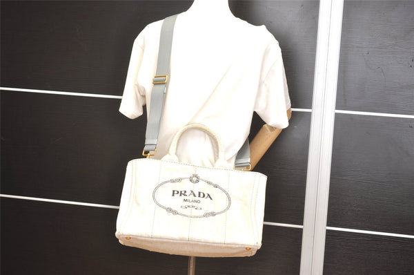 Authentic PRADA Vintage Canapa M Canvas 2Way Tote Hand Bag White 4549I