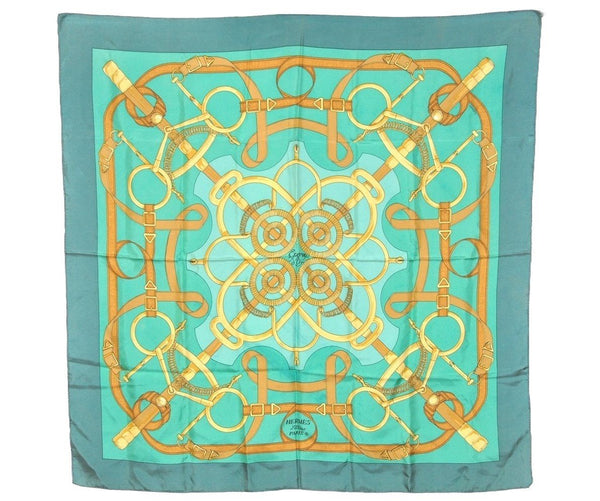 Authentic HERMES Carre 90 Scarf "Eperon d'or" Silk Green 4552J