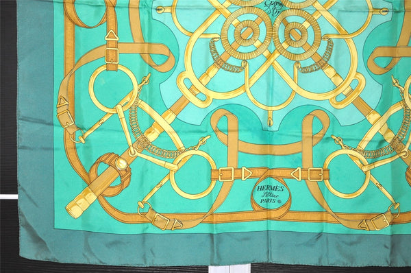 Authentic HERMES Carre 90 Scarf "Eperon d'or" Silk Green 4552J