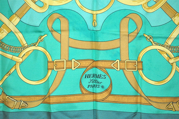 Authentic HERMES Carre 90 Scarf "Eperon d'or" Silk Green 4552J