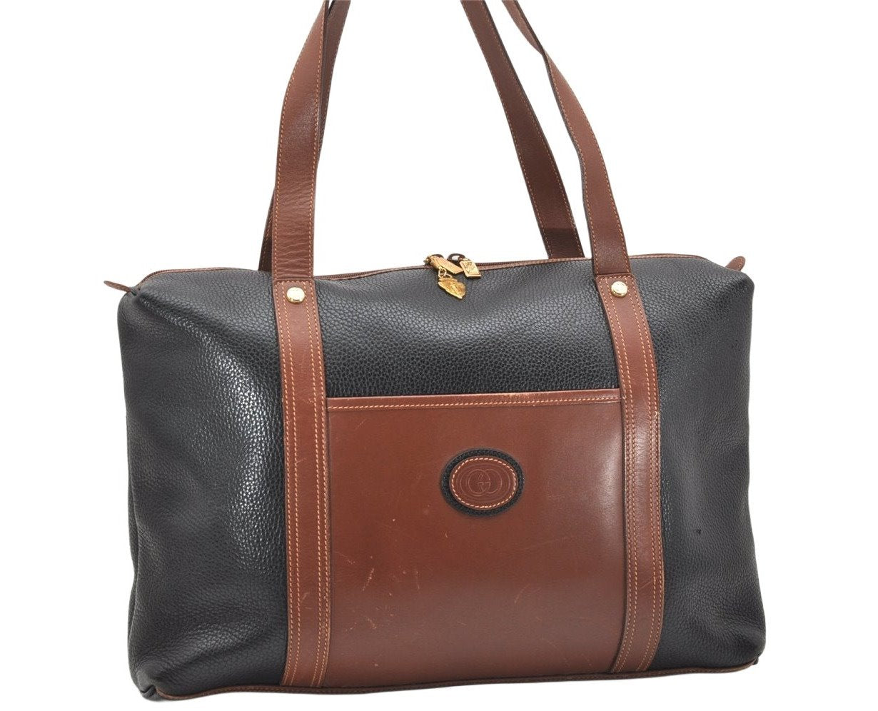 Authentic GUCCI Vintage Travel Boston Bag Leather Black Brown 4554K