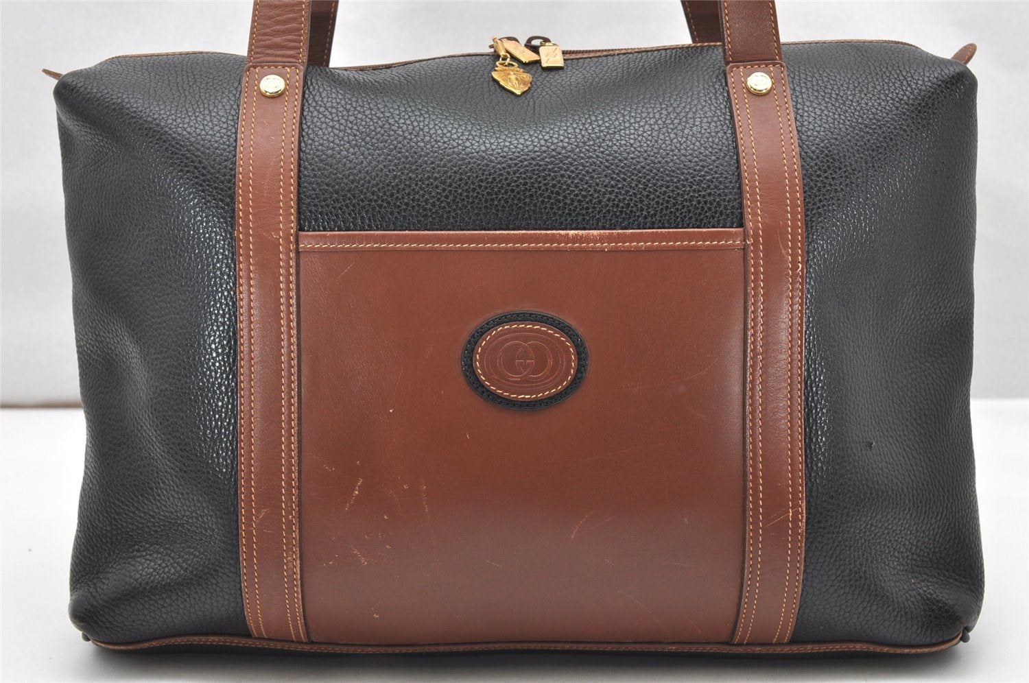 Authentic GUCCI Vintage Travel Boston Bag Leather Black Brown 4554K
