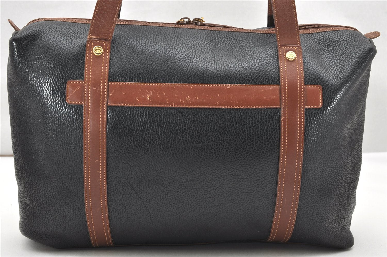 Authentic GUCCI Vintage Travel Boston Bag Leather Black Brown 4554K