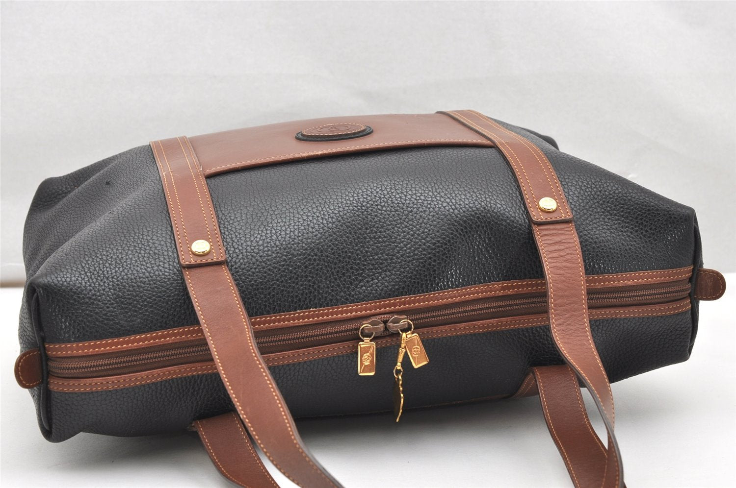 Authentic GUCCI Vintage Travel Boston Bag Leather Black Brown 4554K