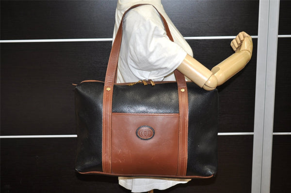 Authentic GUCCI Vintage Travel Boston Bag Leather Black Brown 4554K