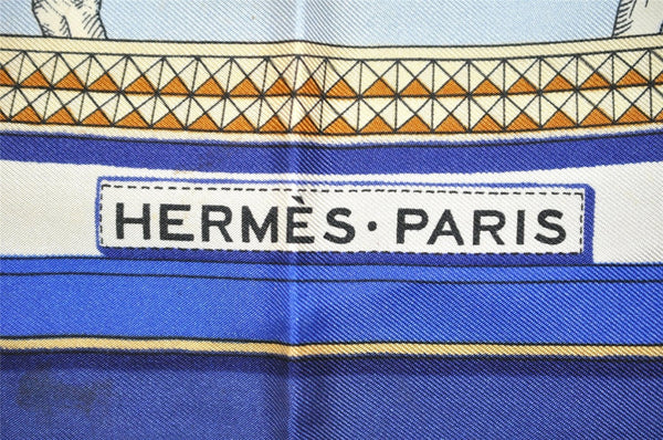 Authentic HERMES Carre 90 Scarf "GRAND APPARAT" Silk Blue 4555J