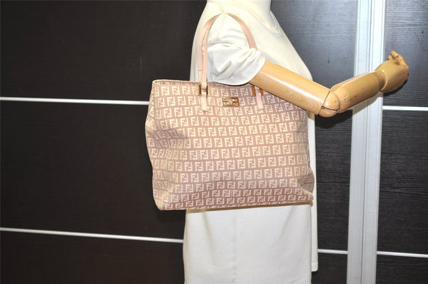 Authentic FENDI Vintage Zucchino Hand Bag Purse Canvas Leather Beige 4566I
