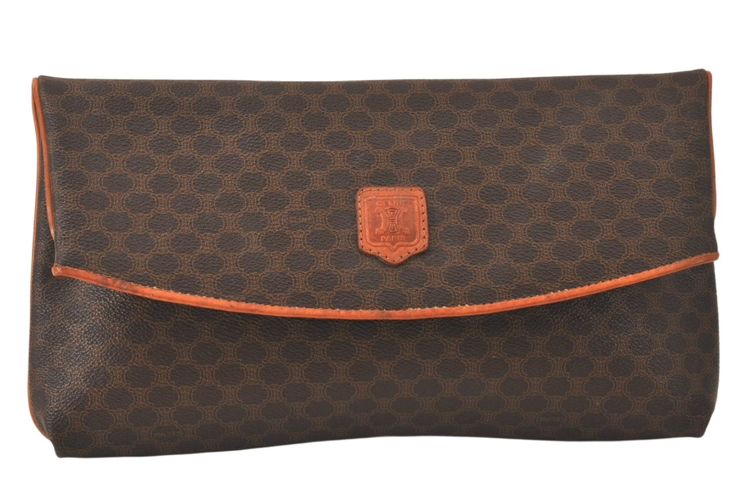 Authentic CELINE Macadam Blason Pattern Clutch Hand Bag PVC Leather Brown 4567K