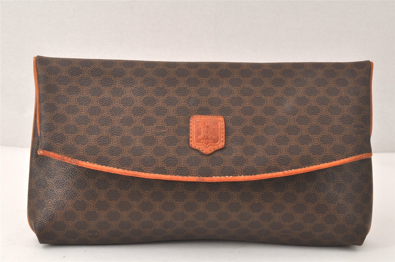 Authentic CELINE Macadam Blason Pattern Clutch Hand Bag PVC Leather Brown 4567K