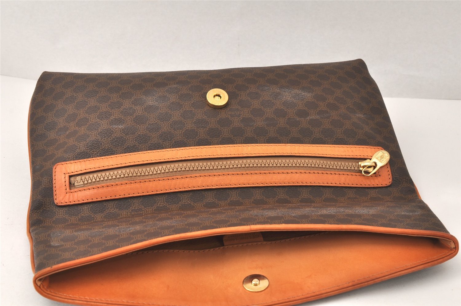 Authentic CELINE Macadam Blason Pattern Clutch Hand Bag PVC Leather Brown 4567K