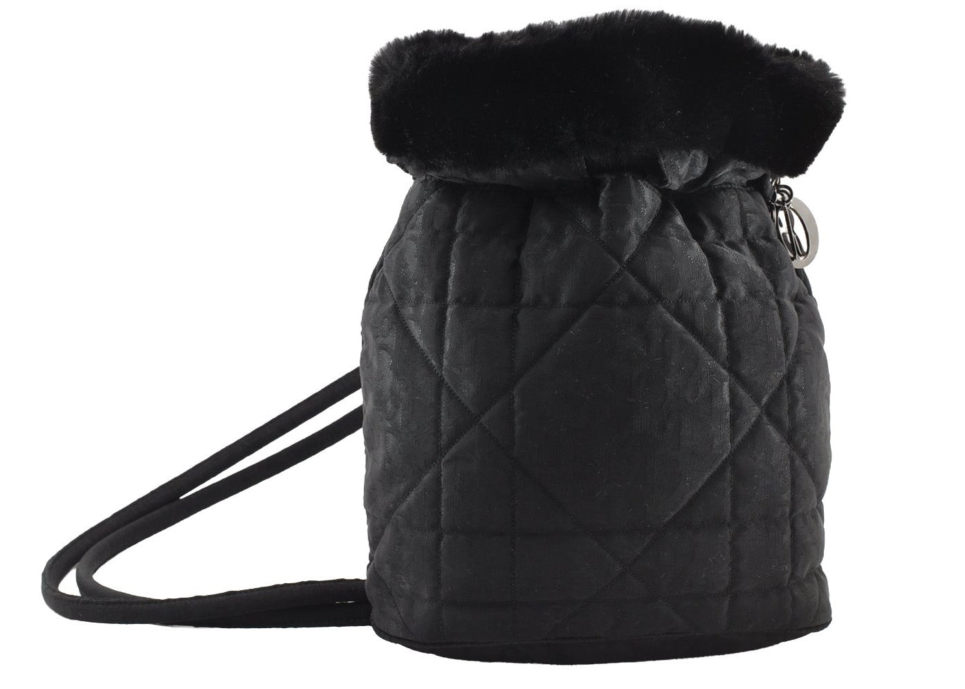 Authentic Christian Dior Trotter Drawstring Backpack Nylon Fur Black 4576I