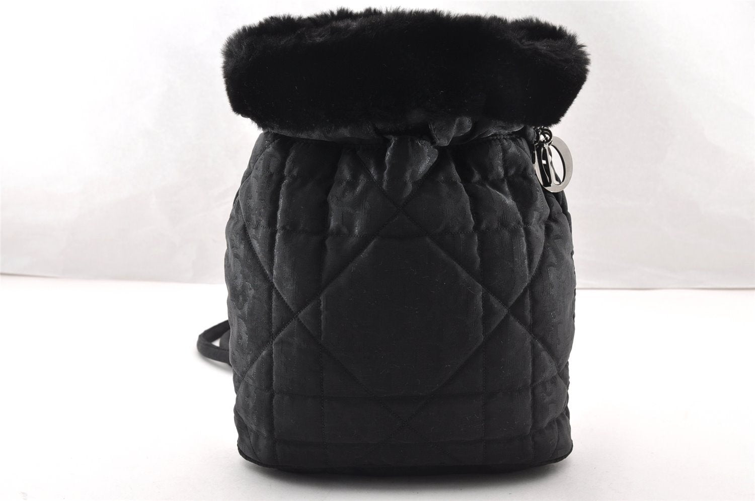 Authentic Christian Dior Trotter Drawstring Backpack Nylon Fur Black 4576I