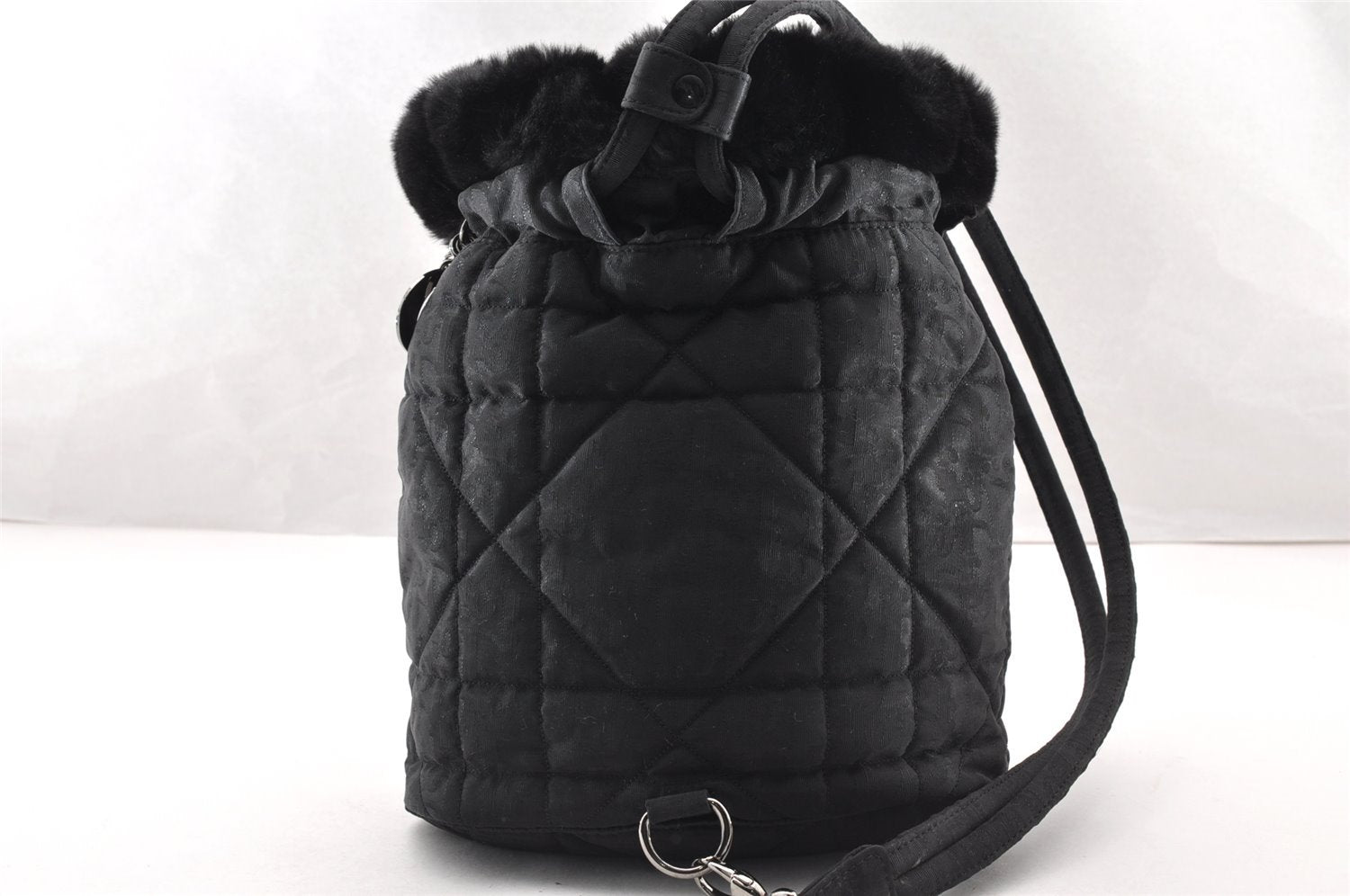 Authentic Christian Dior Trotter Drawstring Backpack Nylon Fur Black 4576I