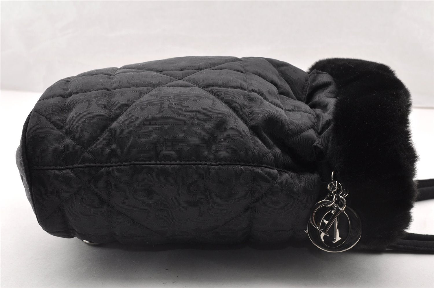 Authentic Christian Dior Trotter Drawstring Backpack Nylon Fur Black 4576I