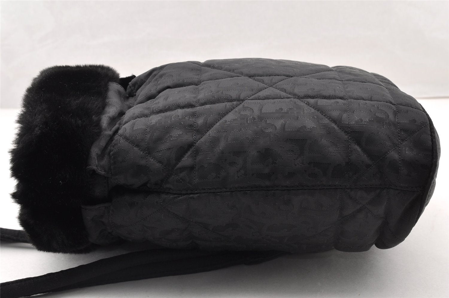 Authentic Christian Dior Trotter Drawstring Backpack Nylon Fur Black 4576I
