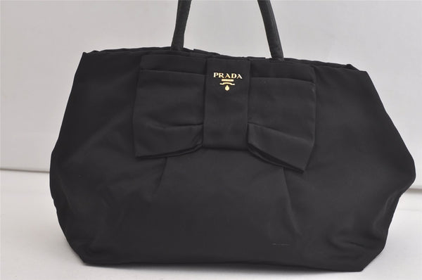 Authentic PRADA Tessuto Fiocco Ribbon Nylon Leather Hand Tote Bag Black 4585K