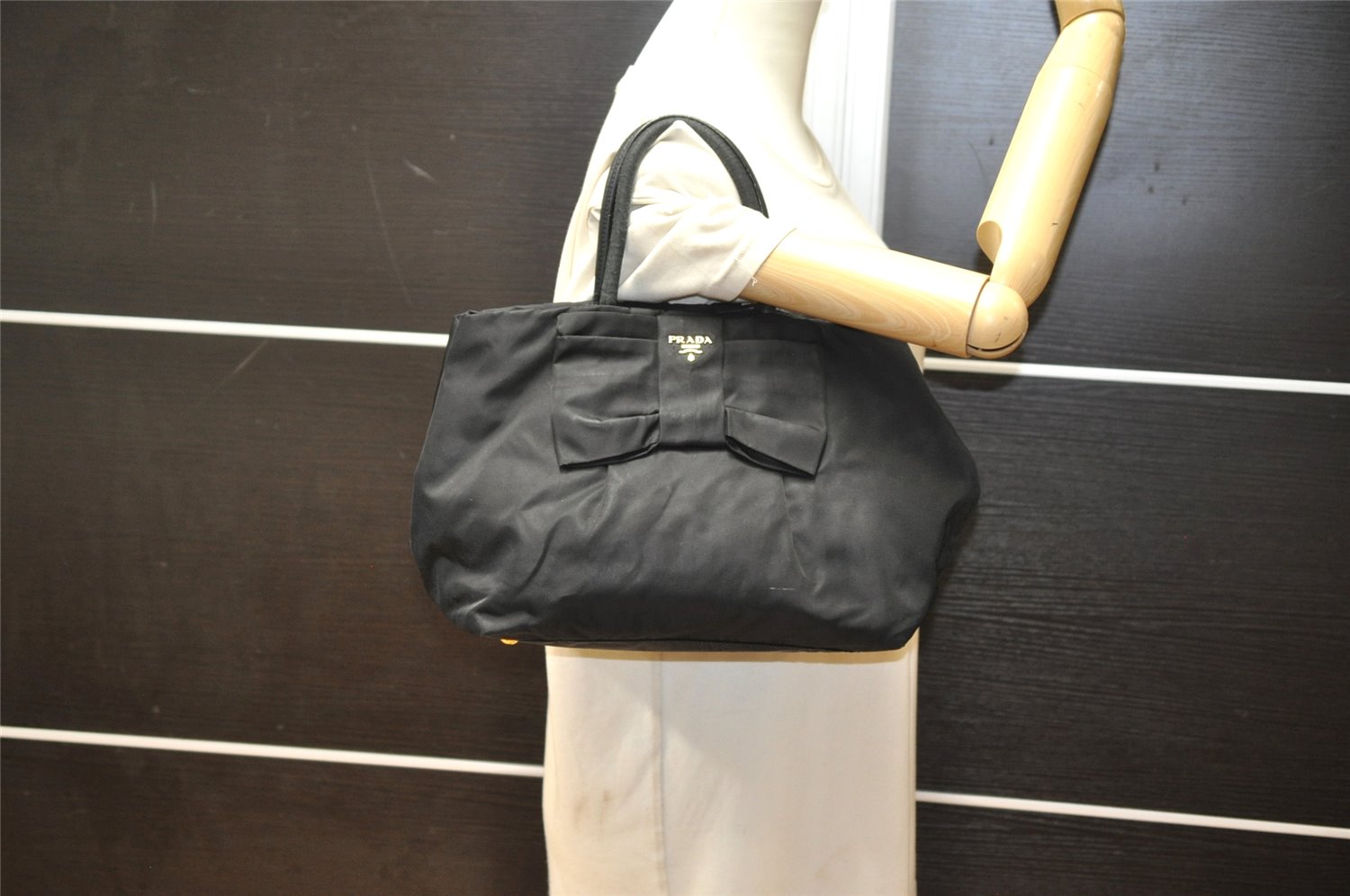 Authentic PRADA Tessuto Fiocco Ribbon Nylon Leather Hand Tote Bag Black 4585K