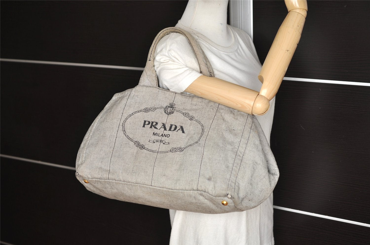 Authentic PRADA Vintage Canapa L Canvas Tote Hand Bag Canvas Gray 4586K