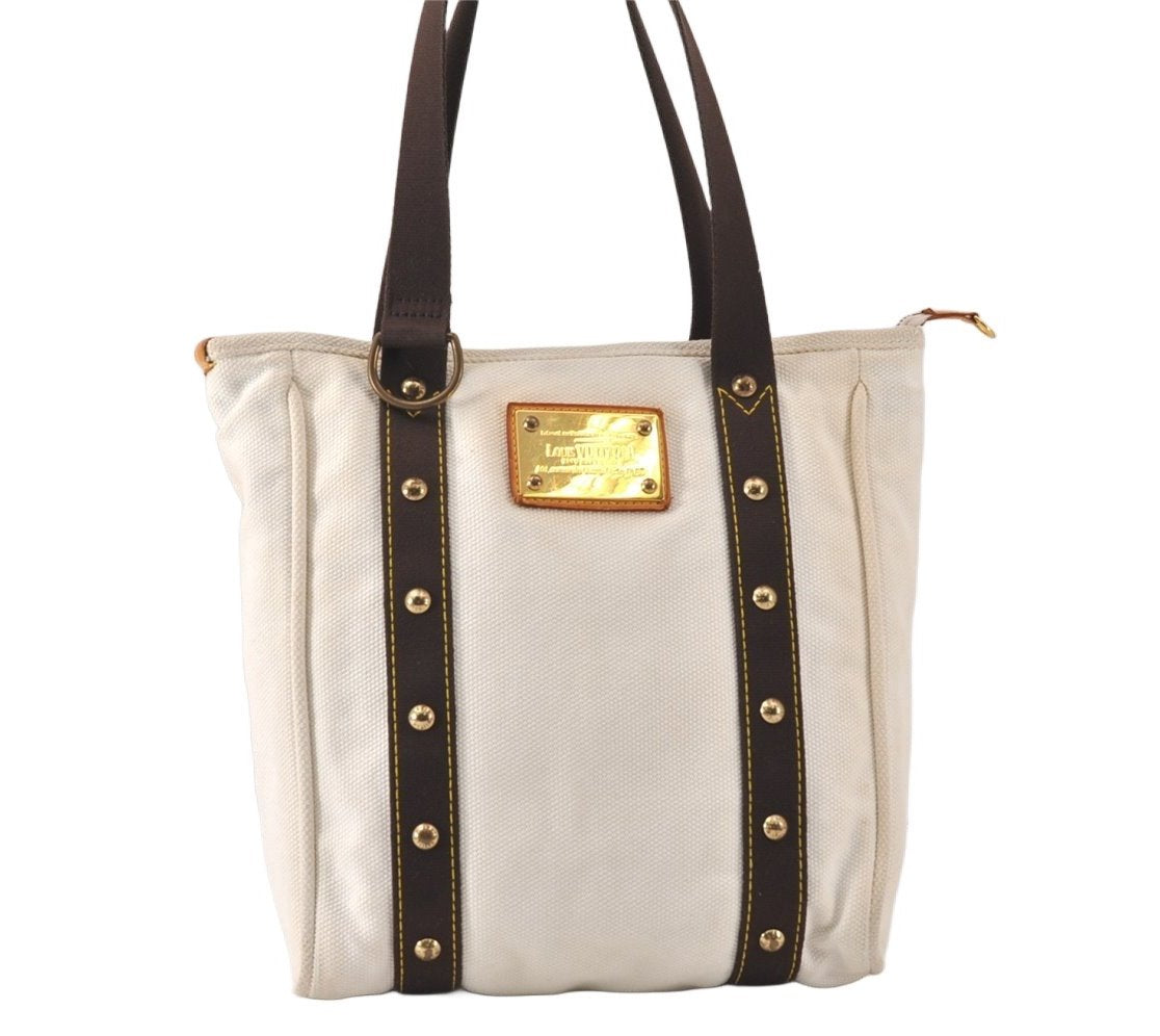 Authentic Louis Vuitton Antigua Cabas MM Tote Bag White Brown M40036 LV 4587K