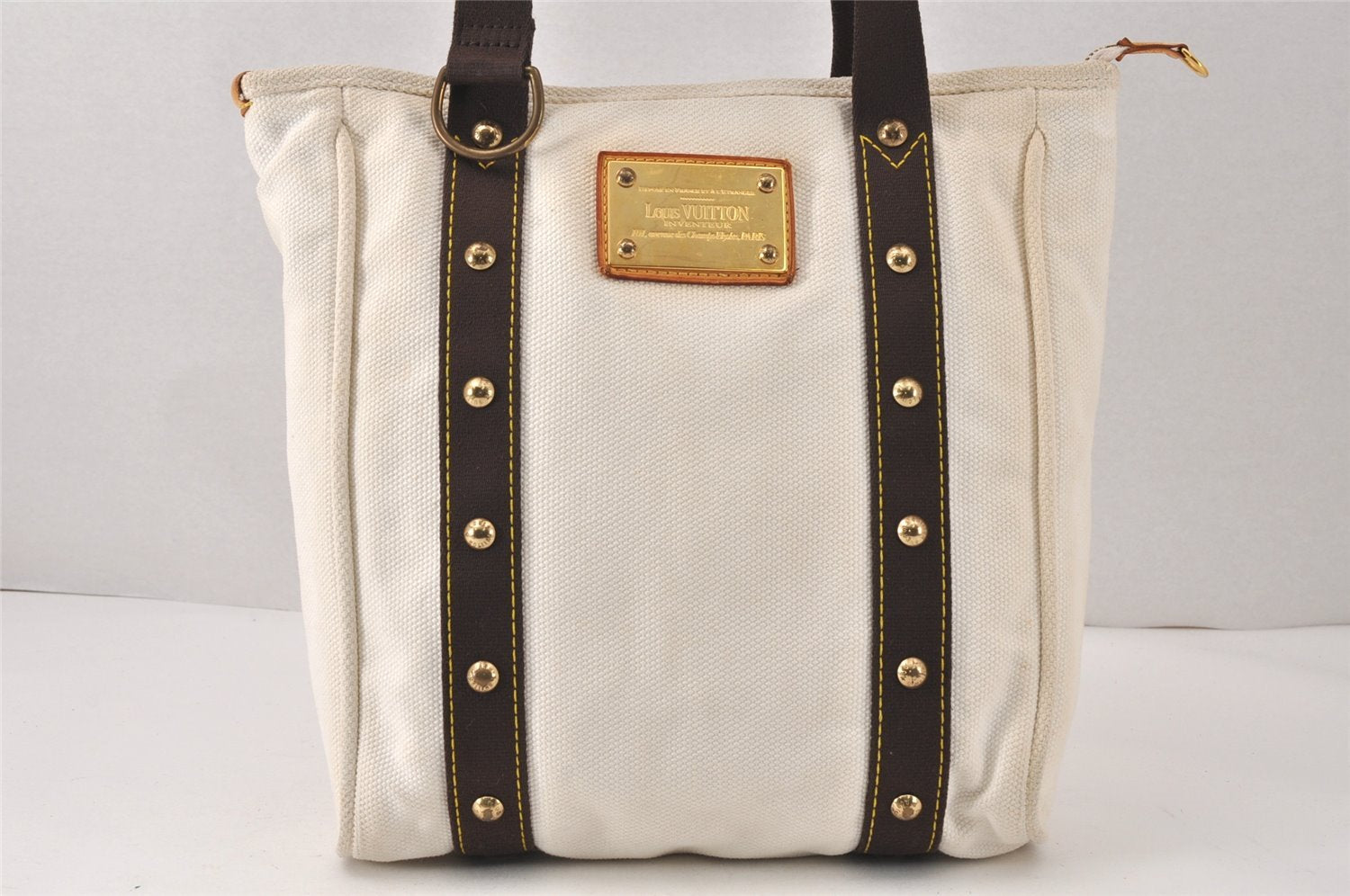 Authentic Louis Vuitton Antigua Cabas MM Tote Bag White Brown M40036 LV 4587K