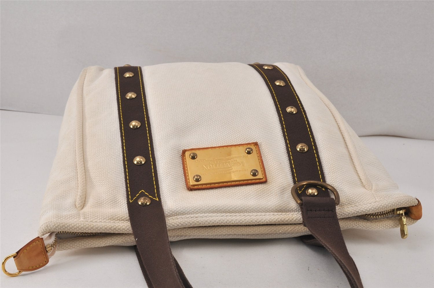 Authentic Louis Vuitton Antigua Cabas MM Tote Bag White Brown M40036 LV 4587K