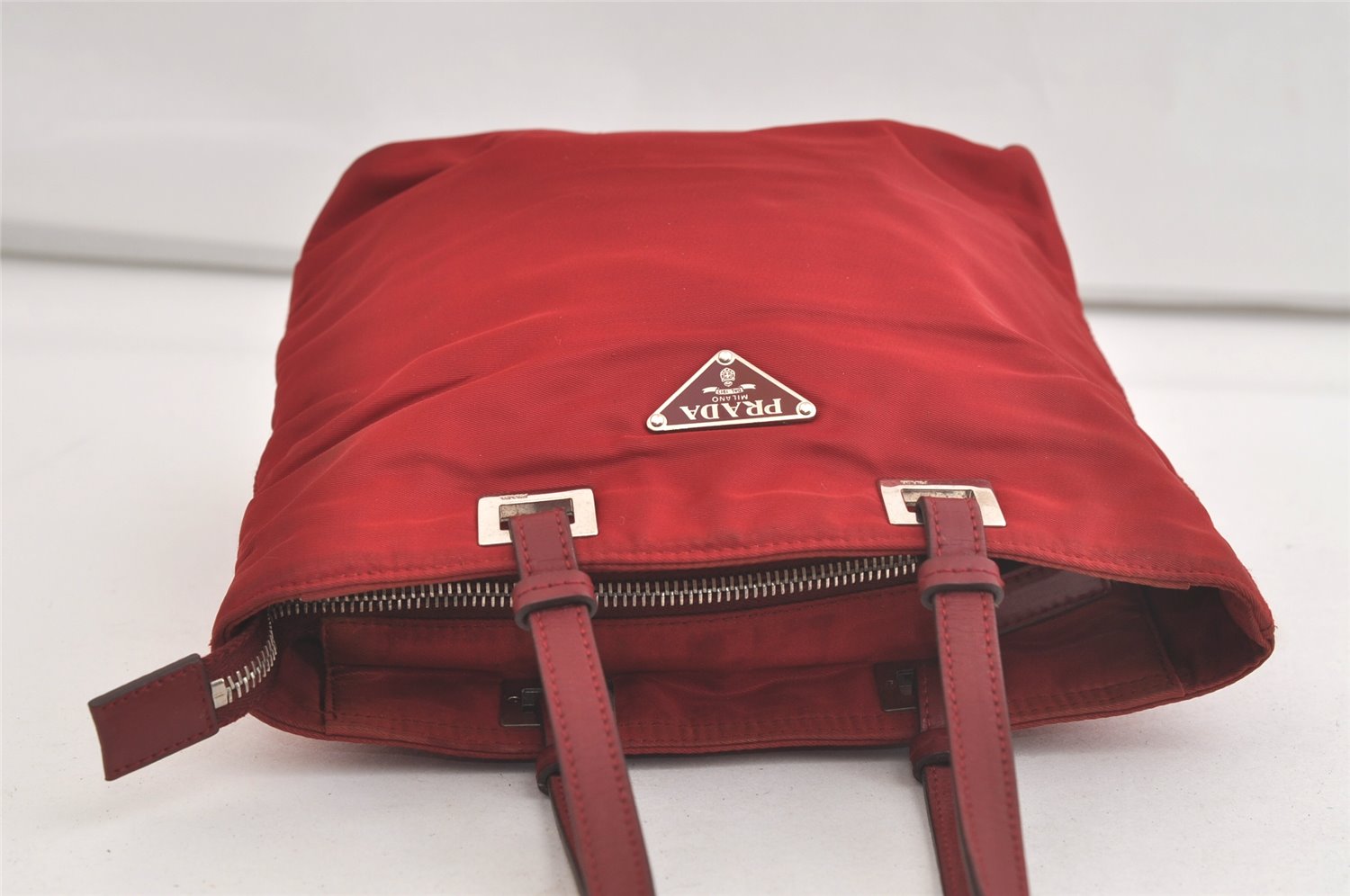 Authentic PRADA Vintage Nylon Tessuto Leather Shoulder Hand Bag Purse Red 4588K