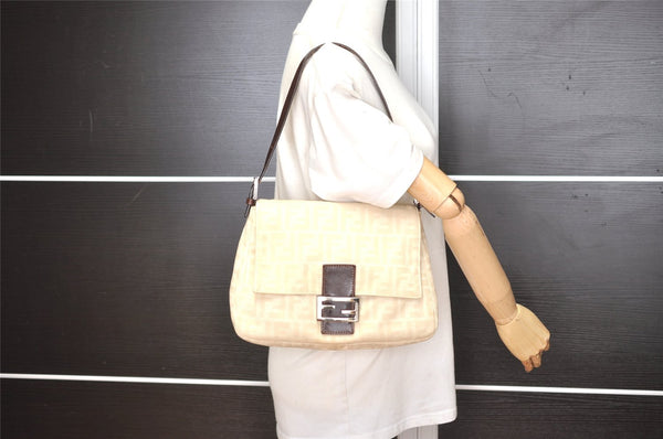 Authentic FENDI Zucca Mamma Baguette Shoulder Bag Canvas Leather Beige 4589I