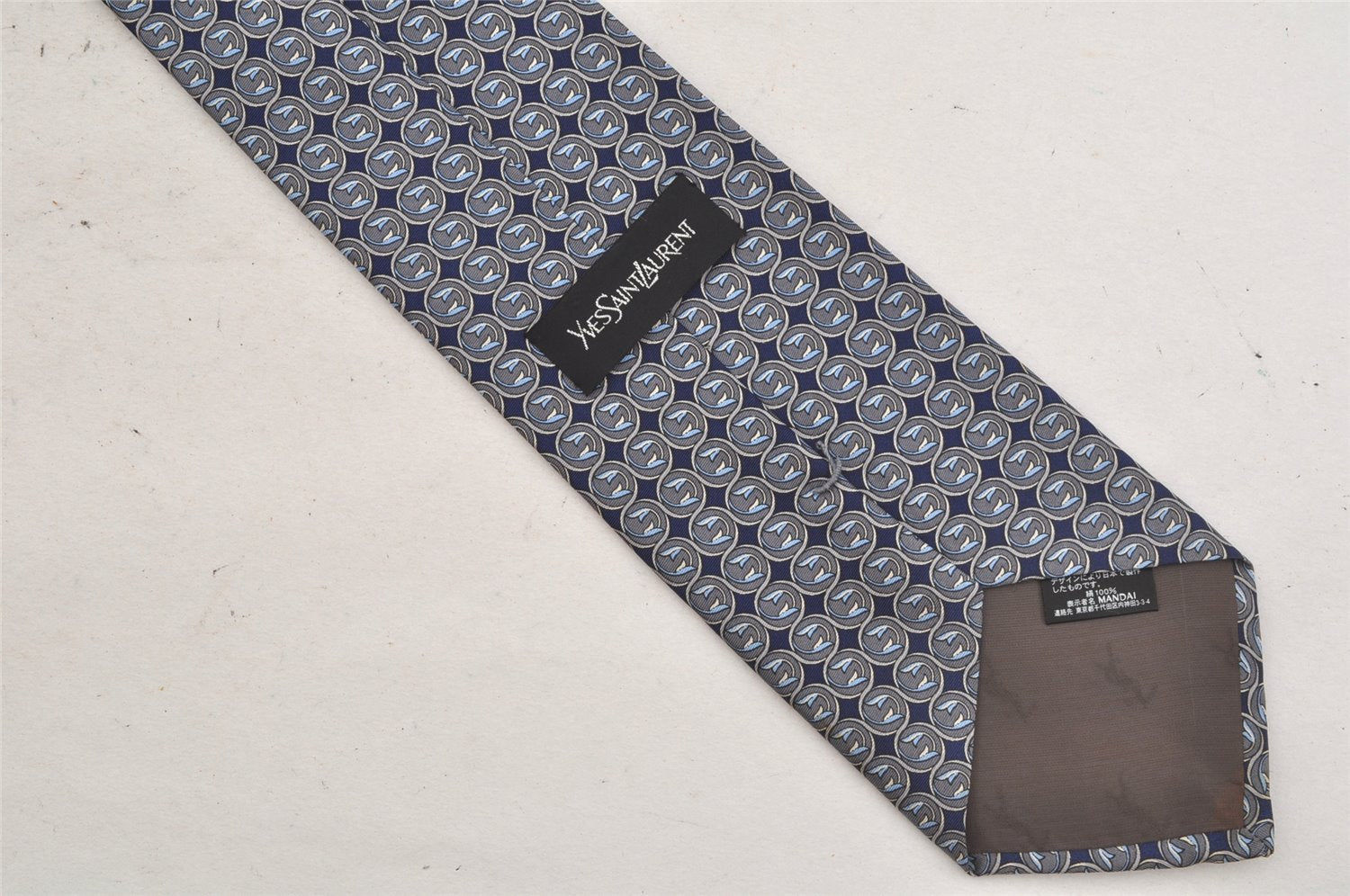 Authentic YVES SAINT LAURENT Tie Necktie Circular Pattern Silk Navy Blue 4592J