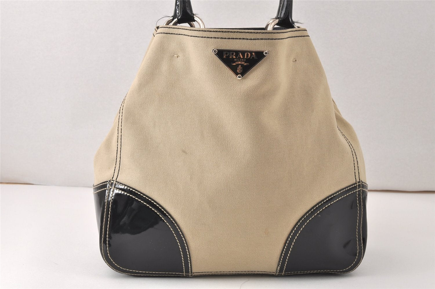 Authentic PRADA Vintage Canvas Enamel Shoulder Tote Bag Beige Black 4592K